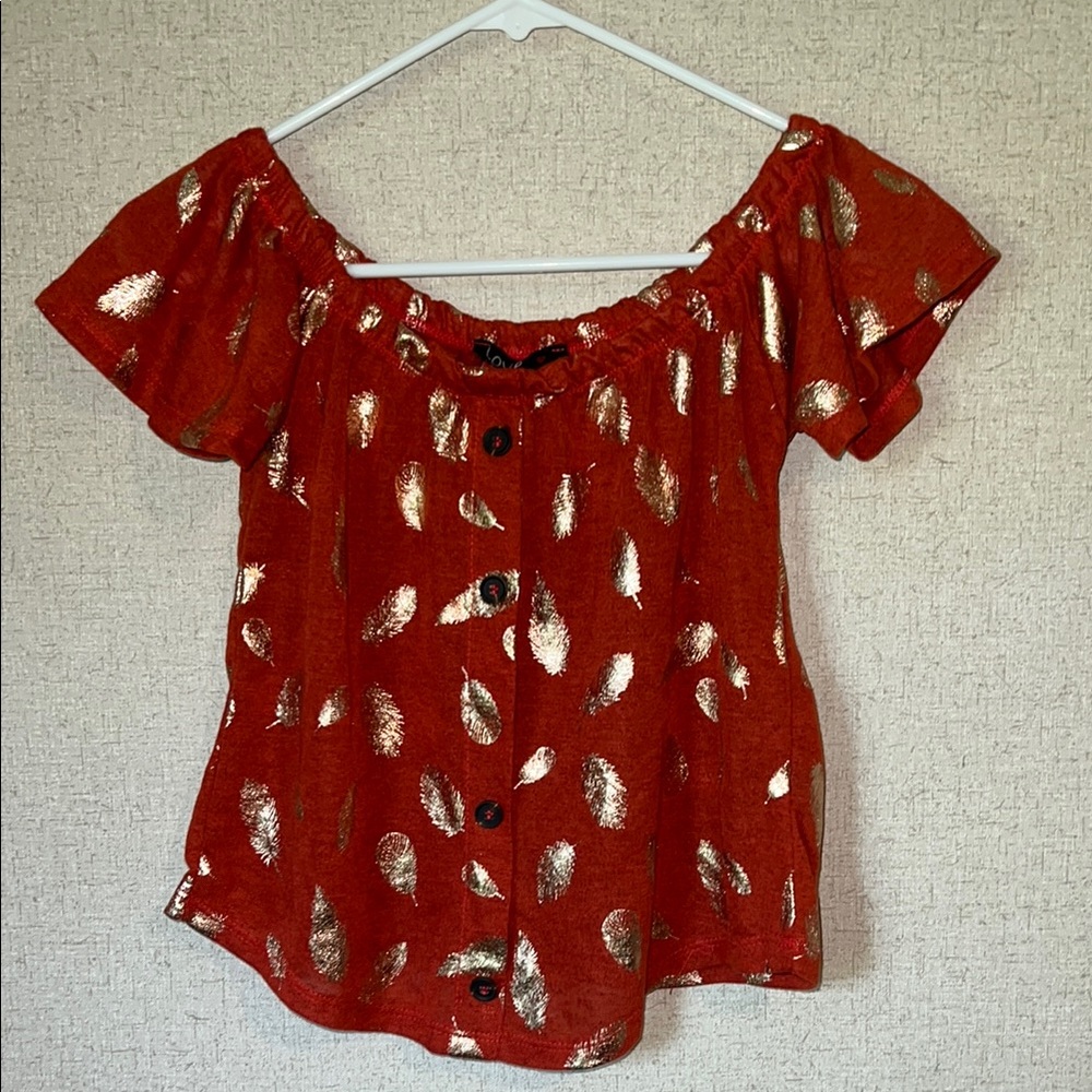 Red and Gold Puff Sleeve Ruffled Blouse
